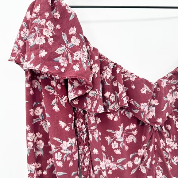 Rebecca Taylor Tilda Floral 100% Silk Ruffle Dress in Burgundy Size 6 - Picture 7 of 14